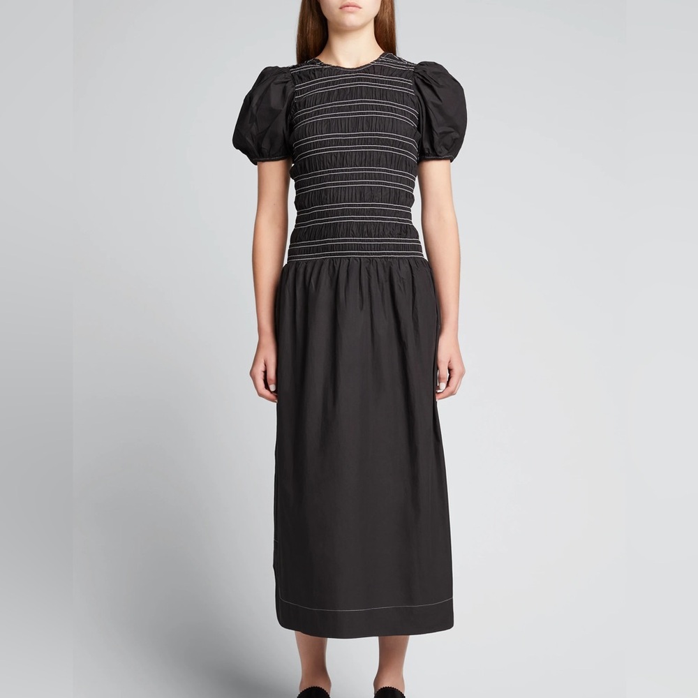 GANNI black midi dress with puffy sleeves
